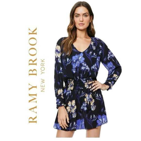 RAMY BROOK MINI DRESS MILENE 100% SILK BLUE FLORAL RUFFLE SMOCKED WAIST SZ S - Picture 1 of 16